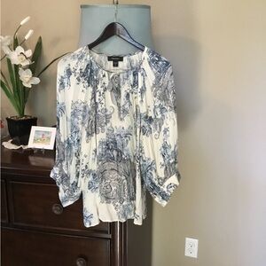 Karen Kane Navy and Cream India Raj and Paisley Blouse